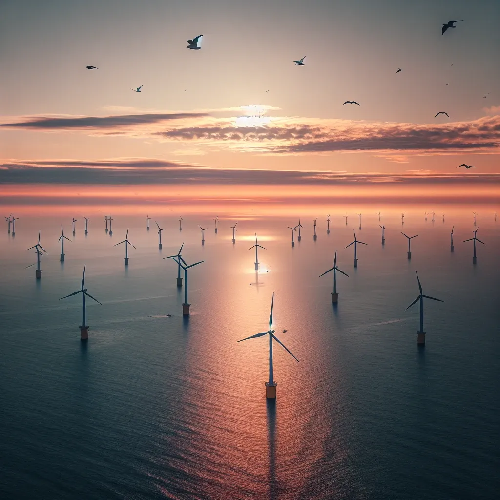 "Granja eólica marina en España con turbinas generando energía renovable, destacando el récord de producción en la industria eólica en 2023."